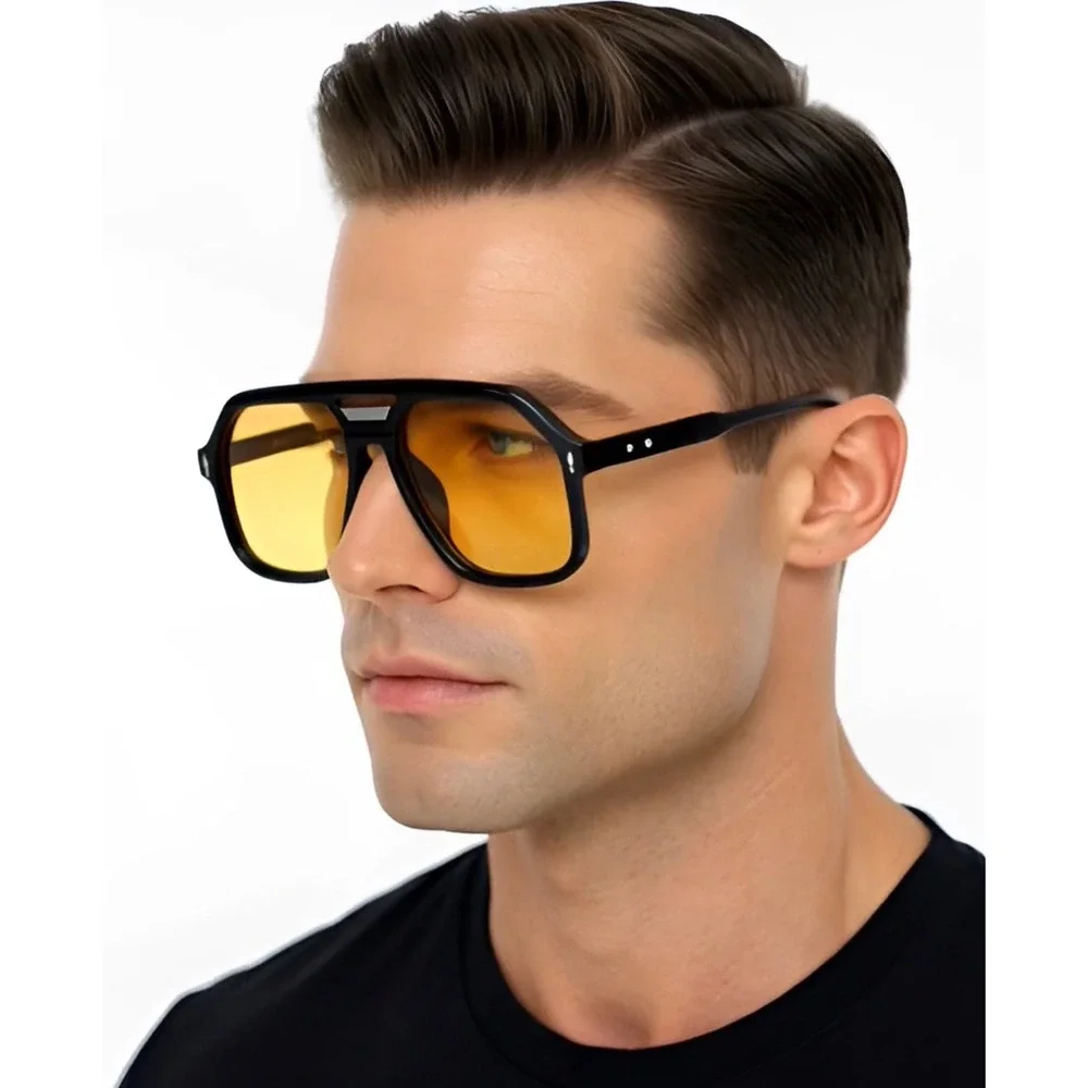 Mens Sunglasses Black Flat Top Square Yellow Gradient Lenses Modern Hip Hop 2026
